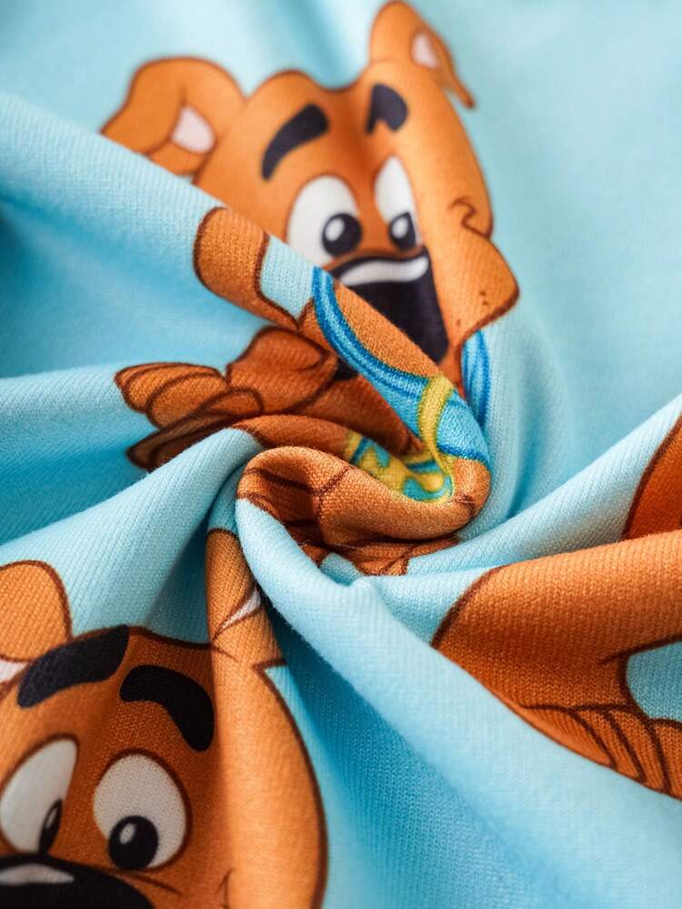 SCOOBY-DOO X SHEIN 2 peças/Conjunto Pijama de Malha com Estampa Completa de Cachorro Engraçado de Menino Jovem, Top de Manga Longa com Gola Redonda e Calça - Multicolorido - Visão 5