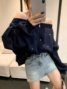 DAZY 女士不对称肩部闪亮水钻卫衣，藏蓝色，带保暖内衬，适合秋季、冬季、新年、圣诞派对穿着 - 藏蓝色 - 查看 3