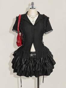 SHEIN ICON Y2k 女式加大码西部乡村音乐会波西米亚嬉皮米色哥特夏季休闲蕾丝边衬衫 - 白色 - 查看 4