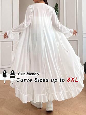 SHEIN CURVE+ Cárdigan largo con mangas acampanadas, volantes en el bajo y lazo delantero, informal y de talla grande para mujeres en otoño e invierno