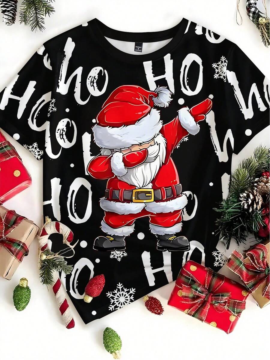 Manfinity Roghcode Men's Funny Rock Santa Claus Graphic Black Crew Neck T-Shirt Cute Graphic Tees Christmas Graphic Tees, Christmas - Multicolor - View 1