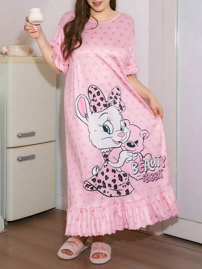 SweetSlumber Chemise de nuit grande taille à motif lapin et cœur mignon