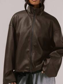 MUSERA Oversized High Neck Faux Leather Full Zip Up Jacket Night Out Winter Outerwear - Chocolate Brown - View 2