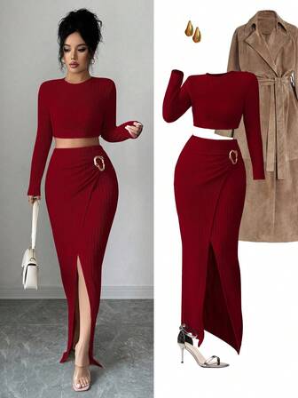 Gloray 2pcs Women Solid Color Round Neck Raglan Sleeve Textured Fabric Cropped Top And Mini Skirt Set