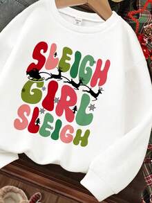 SHEIN Sudadera de cuello redondo suave y cálida con gráfico de trineo y reno, estilo casual de manga larga, adecuada para otoño/invierno, Navidad, Año Nuevo, estilo callejero, ropa de casa para niñas jóvenes - Multicolor - Ver 6