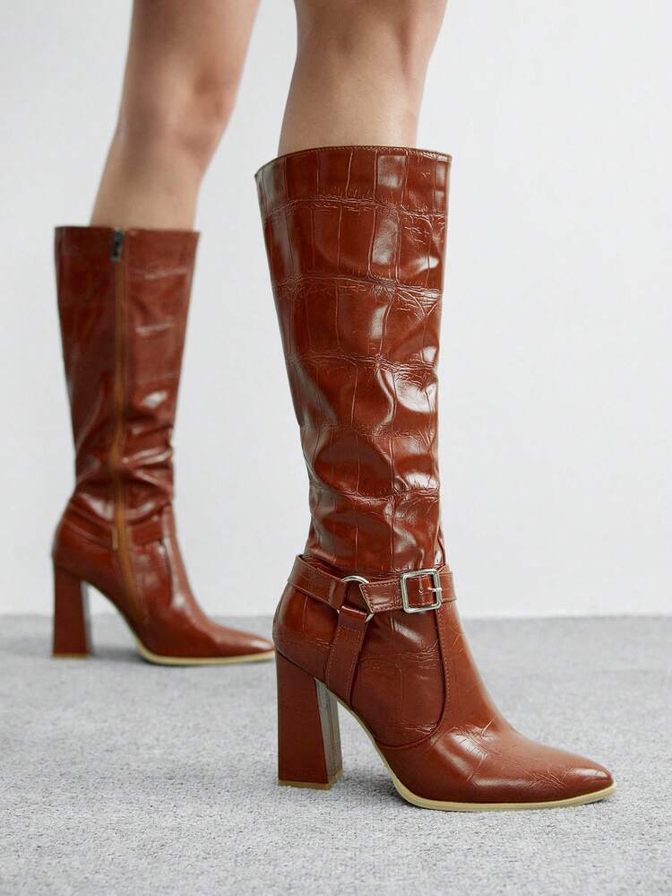 CUCCOO BIZCHIC Women's Pointed Toe Buckle Design Fashion Daily Wear Knee-High Heeled Boots