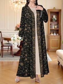 SHEIN Najma 女士花卉数码印花长袖休闲阿拉伯长袍，春秋季 - 彩色 - 查看 3