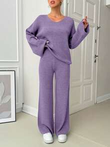 EURMUSE Women V-Neck Flare Sleeve Detailed Sweater And Pant Set - Lilac Purple - View 5