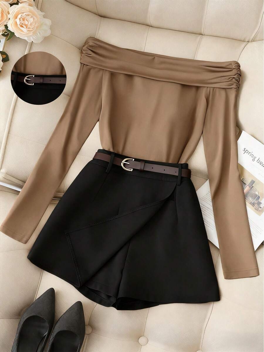 Franclia 休闲时尚通勤百搭黑色单肩褶皱长袖上衣搭配卡其色短裤/半裙（含腰带），女士两件套套装，春秋季 - 卡其色 - 查看 1