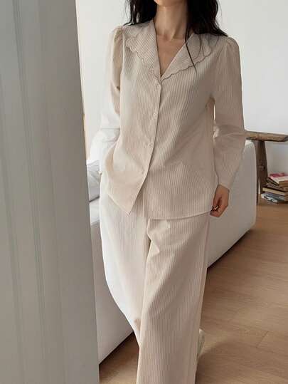 DAZY Striped Textured Fabric Embroidered Ruffle Collar Puff Sleeve Women Pajama Set, Winter Clothes