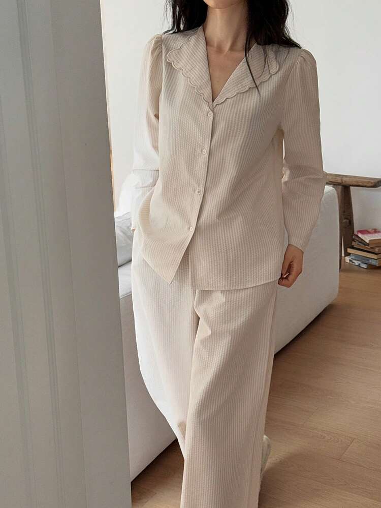 Striped Textured Fabric Embroidered Ruffle Collar Puff Sleeve Women Pajama Set, Winter Clothes