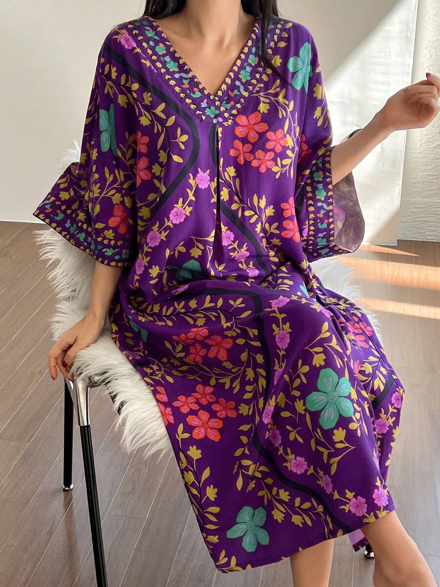 DAZY 印花V领宽松女士睡裙，冬季，宽松睡衣 - 紫色 - 查看 1
