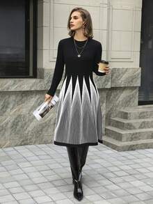Hansera Vestido de suéter elegante con cuello redondo, mangas largas y cintura ceñida en bloques de color para mujer - Blanco y Negro - Ver 6
