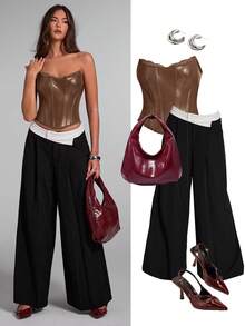 SHEIN BAE Mujer Vintage Corsé de PU y Disfraz de Sujetador Sexy Tubo, Sujetador Push Up de Navidad, Sujetador Sexy Rojo, Mujer de Invierno, Día de San Valentín Mujer, Festival de Música - Marrón - Ver 6