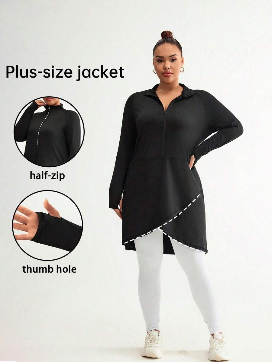 Easithlete Plus Size Casual Long Zip-Up Jacket - Black - View 1