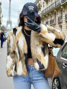 SHEIN Clasi Plus Size Women's Color Block Fluffy Collar Jacket, Minimalist & Fashionable For Commuting