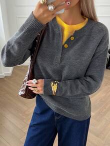 DAZY 休闲拼色亨利领套头衫，柔软针织二合一女式毛衣 - 深灰色 - 查看 8