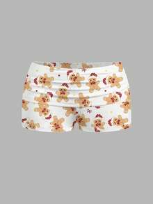 SHEIN EZwear 2件套女士休闲简约姜饼人印花蕾丝边吊带背心和短裤套装，适合圣诞节、新年、节日派对、圣诞驯鹿、家庭聚会、亲子装、情侣装、姐妹装 - 彩色 - 查看 5