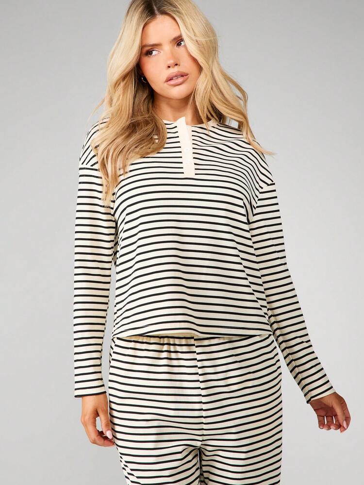 MISSGUIDED Comfortable Striped Loungewear Set Long Sleeve Top Drawstring Pants Casual Home Relaxation Sleepwear