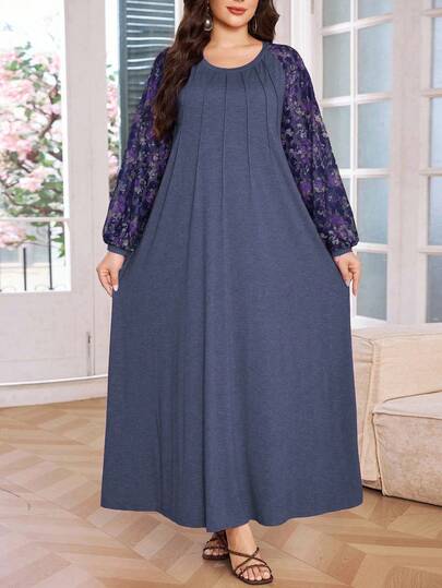 Lacomfia Plus Size Women Casual Loose Fit Floral Print Lace Patchwork Lantern Sleeve Round Neck Comfortable Versatile Dress