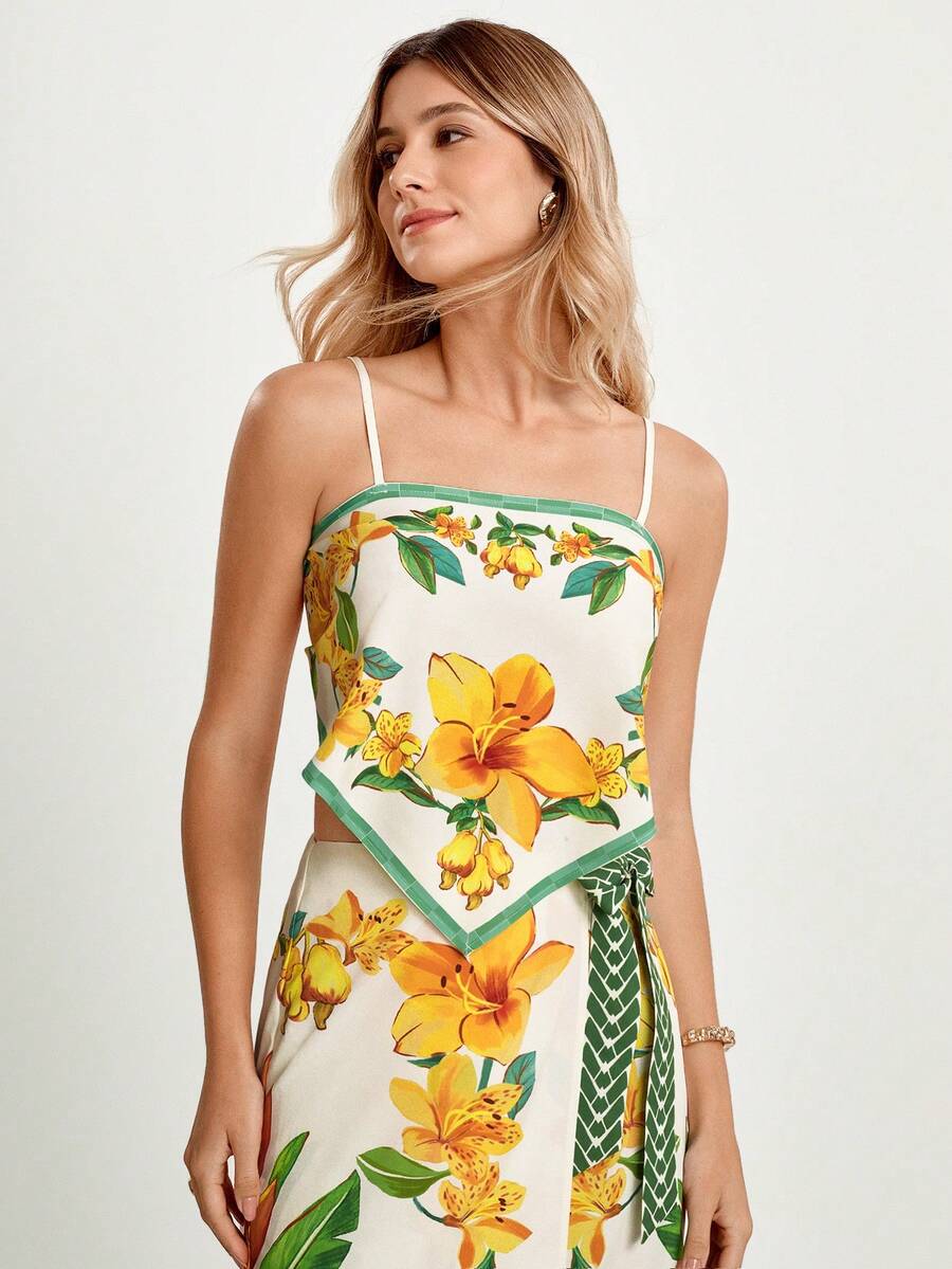 CAJUNI Women's Casual Vacation Tropical Plant Yellow Floral Cashew Print Camisole Tube Top, Suitable For Dates, Outings, Aloha Print Top, Floral Print Women, Resort Wear Print,Floral Dress For Women, - Yellow - View 1