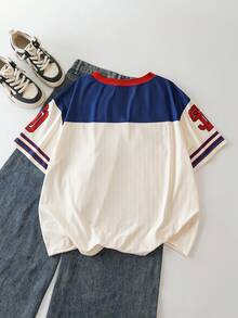 SCOOBY-DOO X SHEIN 大码休闲撞色卡通人物图案V领短袖T恤，夏季