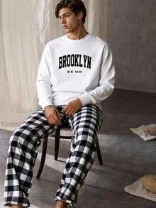 SHEIN Bộ 2 món/Bộ áo thun cổ tròn tay dài và quần kẻ sọc cho bé trai tuổi teen, trang phục cơ bản đa năng thích hợp mặc ở nhà, đi làm, đi học, thường ngày, đi nghỉ, ngoài trời, tiệc tùng, thu/đông - Nhiều màu - Xem 3