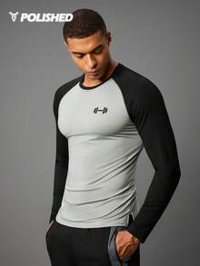 Acti Log Boyfriend Style Men Color Block Raglan Sleeve Sports Tee Workout Tops Long Sleeve Shirt Workout Tops Gym Top Fall Fall Breathable Fitted Shirt Fall Crew Neck - Grey - View 8