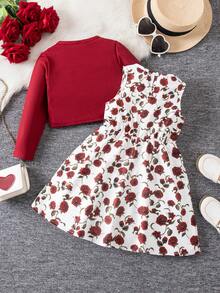SHEIN 2pcs/Set Young Girls ' Blue Floral Porcelain Print Dress & Ruffle Trim Cardigan - Multicolor - View 2