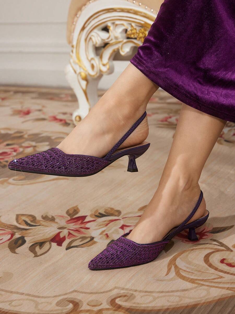 CUCCOO TILAWA 女士尖头小猫跟高跟鞋，蝴蝶结装饰，纯色，踝带，优雅的日常穿着选择，户外购物，节日，派对，春夏/秋冬，搭配缎面连衣裙 - 紫色 - 查看 1