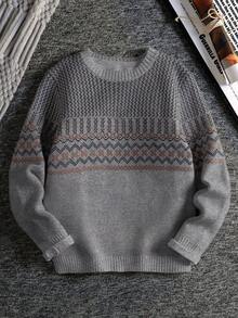 SHEIN 男童休闲百搭针织复古几何图案连帽衫，秋冬季 - 淺灰色 - 查看 4