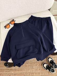 SHEIN Bộ 2 áo nỉ dày chải kỹ cho bé trai có cổ đứng và túi, quần dài màu trơn, bộ đồ thể thao thu/đông - Màu xanh hải quân - Xem 6