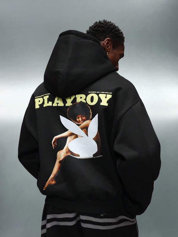 PLAYBOY X SUMWON Crop Fit Men's Black Full Zip Hoodie With Large Vintage Magazine Print Graphics Retro Style Drawstring Comfortable Casual Streetwear Fall Winter