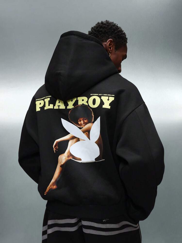 PLAYBOY X SUMWON Schwarzer Kapuzenpullover mit Reißverschluss und Vintage-Print