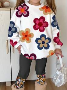 SHEIN 2 件套年轻女孩休闲可爱纹理碎花柔软厚圆领长袖运动衫和花卉拼布打底裤，适合秋冬季