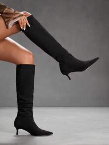 CUCCOO SZL 女士尖头小猫跟黑色靴子，时尚简约设计，适合通勤，性感派对和宴会，及膝靴 - 黑色 - 查看 7