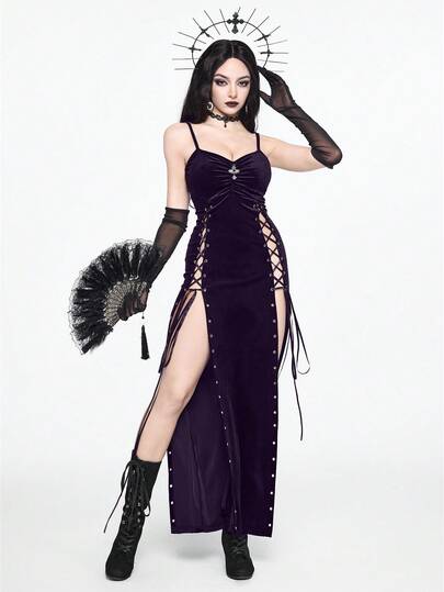 Goth Gothic Cross High Slit Sexy Bodycon Slip Dress