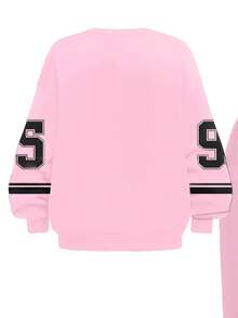 SHEIN Leap Crew 两件套休闲街头风黑粉撞色复古时尚街头字母数字95印花赛车服套装，适合秋冬季、街头风、嘻哈风、少女休闲简约加厚柔软宽松圆领长袖套头卫衣套装，适合秋冬季日常穿着、运动、校园 - 彩色 - 查看 4