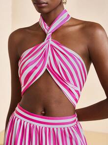 Zivah Pink And White Striped,Summer,Casual,Vacation,Holiday Backless Halter Sling Long Wide Leg Jumpsuit Music Festival Beach Bohemian Tropical Travel - Hot Pink - View 3