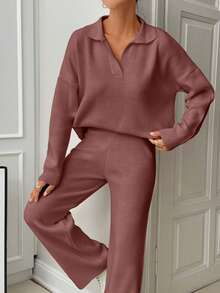 EURMUSE Woman Loose Fit Comfy Warm Thick Polo Neck Sweater And Pants Co-Ords Two Pieces Set - Dusty Pink - View 8