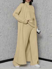 SHEIN Tall 高領針織上衣與針織長褲及開襟衫套裝，適合高個女性 - 米色 - 查看 3