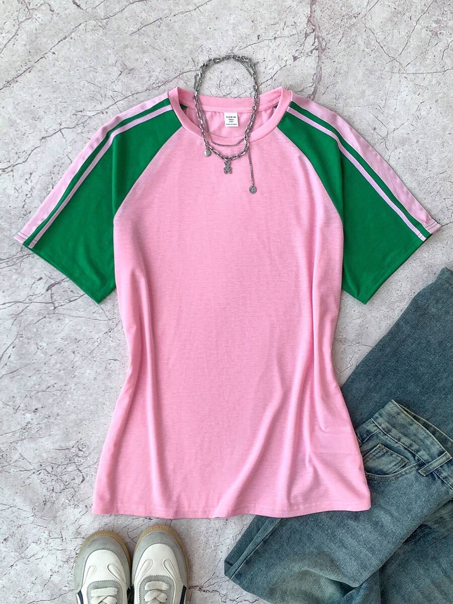 SHEIN Oversized T-Shirt With Contrast Color Ribbon Sleeves For Teen Girls, Casual, Street Style, College - Multicolor - View 1