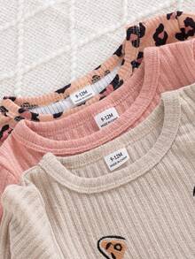 SHEIN Playful Pals 6pcs Infant Girl Spring & Autumn Casual, Simple, Cute, Sweet Brown Leopard Print Top, Pink/Apricot Top Paired With Matching Pants, 3 Sets Combination Outfit Suitable For School & Daily Wear