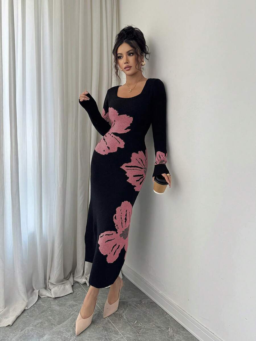 Elenzga Square Neck Jacquard Knit Bodycon Waist Sweater Dress - Watermelon Pink - View 1