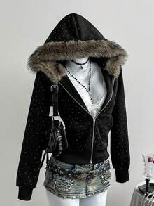 Elamini 女士黑色砖纹亮片针织抓绒卫衣，人造毛领，撞色拼接，长袖，修身版型，带口袋，前拉链，秋冬休闲装，适合上学、毕业典礼、复古街头风、通勤、派对等场合。