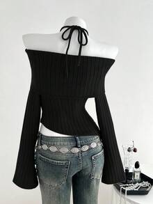 Elamini 1件女士炭灰色秋冬个性化精致露肩系带蝴蝶结设计不对称下摆弹力针织休闲毛衣 - 黑色 - 查看 2