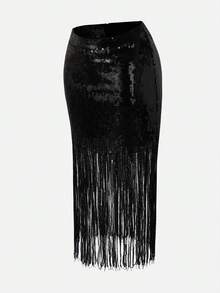 Glisette Women's Fashionable Party Sequin Tassel Hem Mini Skirt - Black - View 6