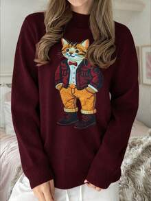 SHEIN EZwear 女士休闲日常通勤卡通猫刺绣宽松针织毛衣，秋冬 - 彩色 - 查看 3