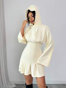 Elenzga 女士秋冬针织连帽腰部褶裥下摆中长连衣裙，优雅设计，适合万圣节、圣诞节、新年派对、毕业典礼、角色扮演等场合，浅卡其色 - 杏色 - 查看 6