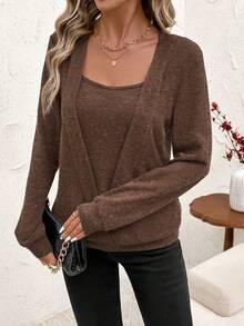 SHEIN Clasi Maglione casual lavorato a maglia con spalle scoperte, maniche lunghe e vestibilità ampia, in colore unito, adatto per l'autunno, l'inverno, il Capodanno e il Natale - Castano - Visualizzare 3